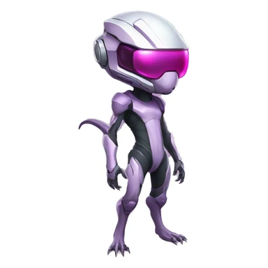 Lizard-Reptile-Raptor-Alien-Genesect-Mewtwo-Fakémon, with pink eyes, with a futuristic visor-helmet, wearing a techwear-suit, Full Body sticker