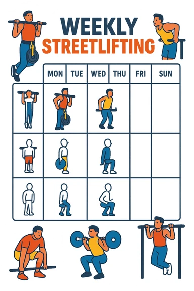 a streetlifting training sheet with icons for each exercise—weighted pull-ups, weighted dips, squats, muscle-ups—organized in a weekly schedule. Around the sheet, small illustrations show athletes performing each movement with proper form. The color palette is bold and energetic, and the background is clean and minimal. sticker