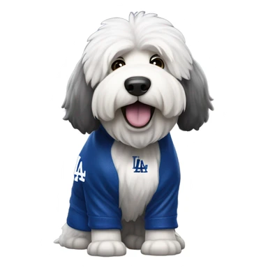 Old English Sheepdog full height wearing a Los Angeles dodgers jersey sticker