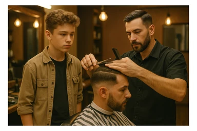 sartaroshxonada ishlayotgan o'smirin bola usta soch olayotganini kuzatib turibdi sticker