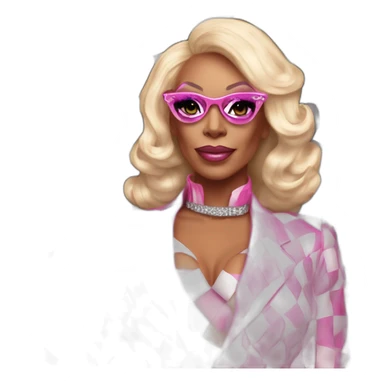 Drag queen rupaul charles. She is wearing a pink racing suit, and holding a black and white checkered flag sticker