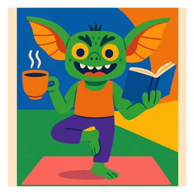 fun and whimsical gremlin holding a cup of tea, doing yoga and reading a book sticker