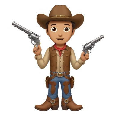 A young cowboy with oversized boots, excited expression, and a tiny toy revolver.
 sticker