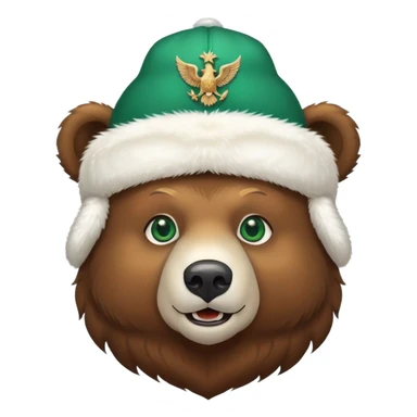 Cheerful brown bear head with emerald green eyes wearing white winter ushanka hat with double-headed eagle symbol centered, Russian themed sticker