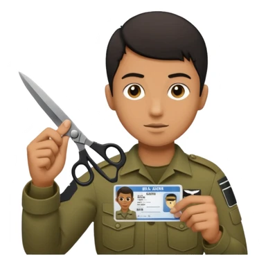 Floating black Scissors cutting in half an idf soldier ID card with a little chip in 2 parts .hyper realistic sticker