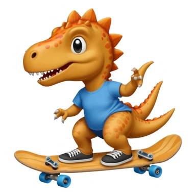 Dinosaur skateboarding at the skate park wearing a t-shirt and doing six seven sticker