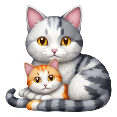 grey and white cat cuddling a colourful light patched calico + white tabby cat sticker