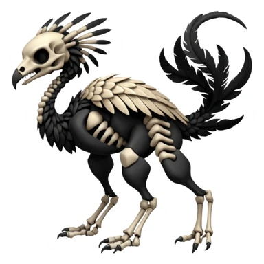 Rare realistic dark edgy evil tribal patterned feathered skeletal badass epic handsome gorgeous aesthetic black-skulled Vernid-Trico-species-Fakemon-creature by LiLaiRa, 4 legs, 1 tail, random markings, (full body) sticker