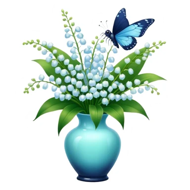 Aesthetic butterfly with blue light and navy wings sitting on a dark green bouquet of lily of the valley in a pastel blue vase sticker
