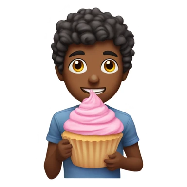 Boy eating pastel pink cupcake with berries sticker