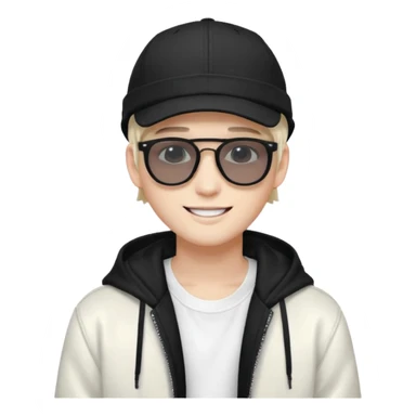 Portrait of a male K-pop idol, white skin, wearing a stylish streetwear outfit with layered clothing, makeup, wearing a black cap, smiling, sunglasses sticker