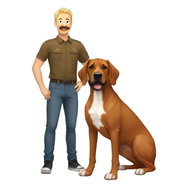 white male with rainbow colored hair and a curled mustache standing alongside a brown rhodesian ridgeback dog sticker