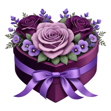A vintage-inspired heart-shaped velvet box, wrapped with a rich plum silk ribbon, rests beside a delicate arrangement of soft purple roses, lavender sprigs, and dark amethyst pansies. Under the moonlight, tiny silver stars glimmer on the box’s lid, reflecting the romantic glow of an ornate candlestick standing nearby. sticker