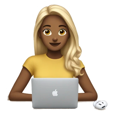 A blonde girl with airpods max and looking at a macbook sticker