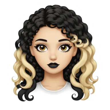 split dye leftside blonde rightside black-brown hair, baddie, pretty makeup, black eyeliner, long and curly hair sticker