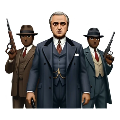 A vintage movie poster-style design featuring Don Vito Corleone surrounded by gangsters with Tommy guns. Include a dark, moody noir atmosphere with skyscrapers of New York in the background. The scene should be tense and mysterious, with a retro cinematic feel. Transparent background. sticker