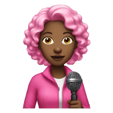 Black woman walking with microphone wearing pink sticker