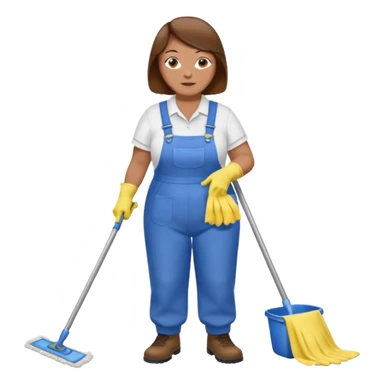 old and fat women, brown hair, Custodian with yellow rubber gloves, white T-shirt, blue overalls, mopping floor sticker