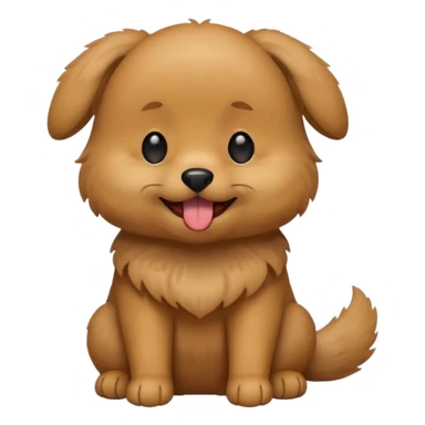 Cute small brown fluffy dog emoji icon. Round face, short muzzle, light brown fur with slightly darker ears, small black nose, happy smiling expression with tongue out. Soft friendly eyes, sitting pose with front paws together. Simple clean vector style, minimal details, kawaii style. sticker