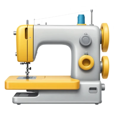 Emoji of a modern sewing machine inspired by a Brother machine. Soft, rounded shapes in the style of Apple emojis, with subtle gradients and soft shadows. White body, a yellow spool on top sticker