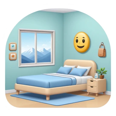 cozy clean room with neatly organized objects, simplified human character standing peacefully, feeling satisfied and calm, sense of order and balance, flat custom emoji sticker, pastel colors, rounded shapes, minimal details, thick outline, white background, no text sticker