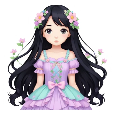 Kawaii anime lady with long black hair wearing a gorgeous pastel fairycore dress with flower details sticker