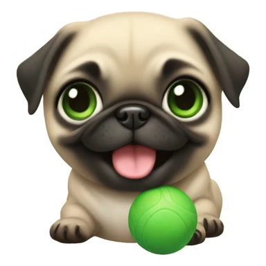 Smiling Baby pug with green eyes playing with a green ball sticker