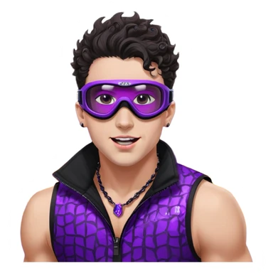 close-up of bad guy male athlete with white skin and moderately curly dark brown hair on top with shaved sides, wearing ski goggles with purple frames and very dark black lenses, a simple plain black chain necklace, and a completely unzipped sleeveless vest with purple and black sequin fire pattern design with no logo, pulling his tongue out very far in an exaggerated mocking gesture, looking menacing and villainous sticker