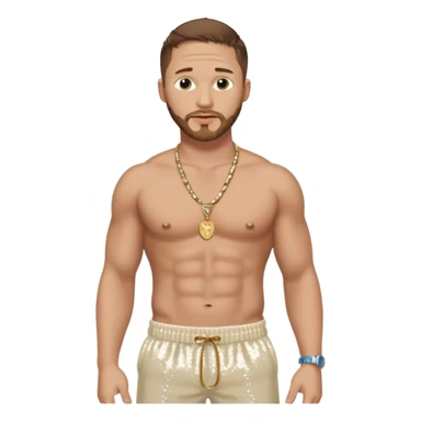 Tom Hardy with brown hair, cream sequin baggy pants, shirtless with necklace sticker