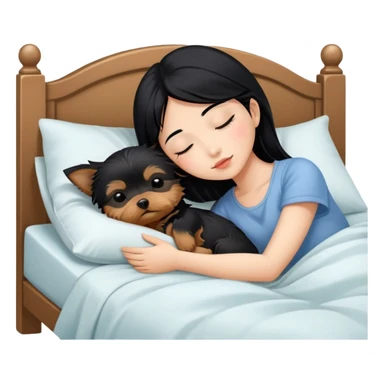 pretty asian girl with black hair sleeping in bed with small yorkshire terrier sticker