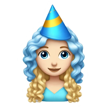 White Girl with blue eyes long spiral curly blonde hair wearing a party hat   sticker