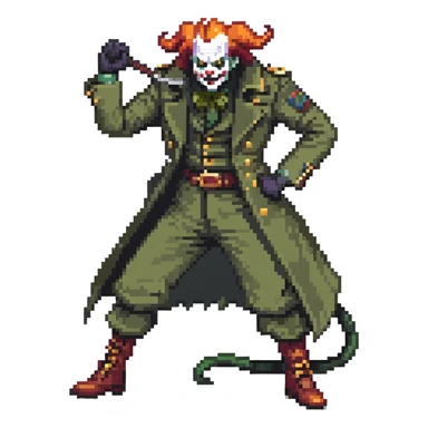 evil clown soldier, bald, small black horns on forehead, fangs, pointed ears, eye patch over one eye, long coat over black and military green clothes with bellbottom pants, tail, holding a different style of whip, realistically proportioned, less bulky, full body, fighting stance sticker