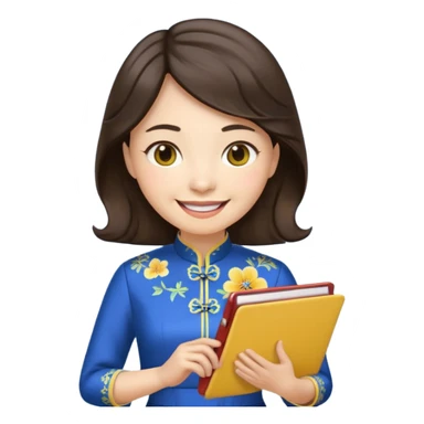 Teacher emoji but : wavy (not straight) dark brown hair, light skin, no glasses, dark eyes, with a computer folder in the hand (color is yellow), being a teacher, wearing a chinese qipao ( dark blue), smile with teeth




 sticker