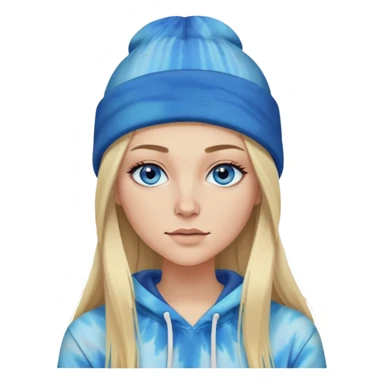 White woman with long blonde straight hair and blue eyes with long eyelashes and tiedye hoodieand a blaclk beanie sticker
