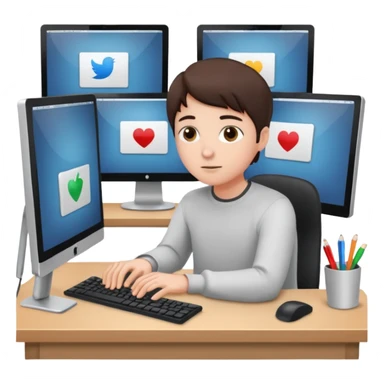 A character sitting in front of a computer with multiple monitors sticker