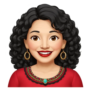 60 yr old Mexican woman, slightly chubby, wavy/curly long black hair, red lipstick, big smile, white teeth, brown eyes, hoop earings, side part to hair, round face, nice blouse, no wrinkle hair side swept, big hoop earing sticker