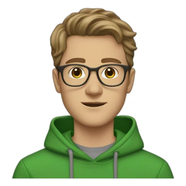 21 year old, white man, swooped brown hair, clear glasses, wide head, green hoodie sticker