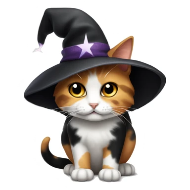 Calico cat wearing a black witches hat with white stars sticker