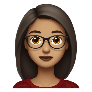 light skin, long straight dark brown hair, blue eyes, girl wearing aesthetic dark red sweater, glasses sticker