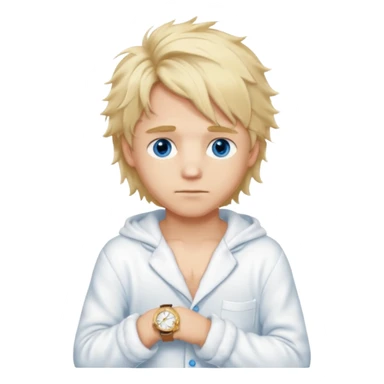 Create a look for a blond boy with long, tousled hair, light eyes, a white sweater, a wealthy appearance, blue eyes, and accessories like a Rolex or Cartier watch, and a cute face with messy hair down. blue eyes + + pajama white fluffy sticker