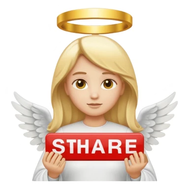 "Um emoji de anjo com cabelos loiros, um halo, asas, segurando um sinal de 'compartilhar' em letras em negrito." sticker