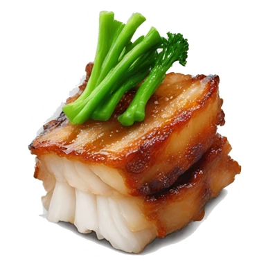 Crispy pork belly on oyster sauce with green vegetable sticker
