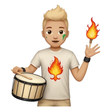 A loud fan, simple tee shirt with paint on his cheeks with a marching drum, beating it with fiery enthusiasm sticker