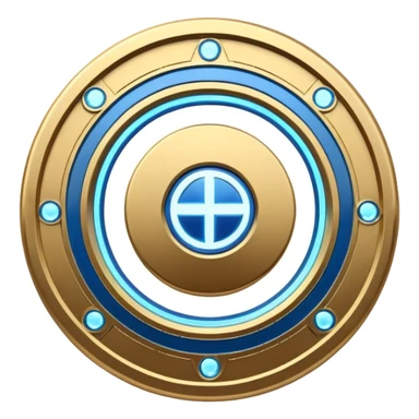 Futuristic anniversary medal badge, circular emblem with embossed Roman numeral I, metallic gold finish with electric blue glow accents, subtle outer energy ring, sci-fi web3 game UI style, polished 3D game asset, dark background, centered composition, high detail sticker