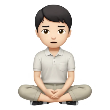 A cartoon young Asian boy with short black hair, light beige skin, and large expressive eyes, wearing a white polo shirt, gray pants, and black shoes. He sits cross-legged on the ground, one fist resting on his cheek, with a closed-mouth smirk. Clean lines, flat colors, solid black background. sticker