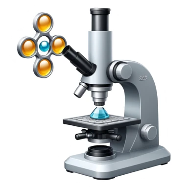 An icon featuring two-ocular electron microscope, a metal alloy, atomic structure symbols, a crystal structure. The design includes different materials like metals, ceramics and polymers, alongside a stamp representing testing and quality control. Transparent background sticker