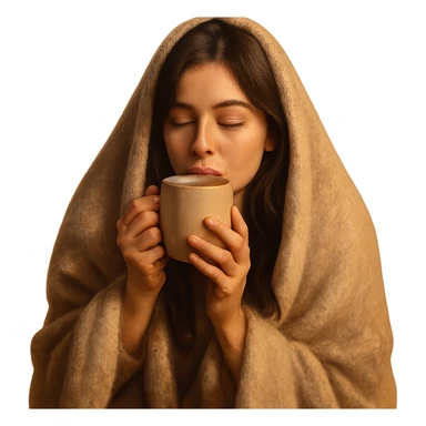 girl brunette inside a blanket sipping coffee, eyes closed, cozy and warm atmosphere, variation 3 sticker