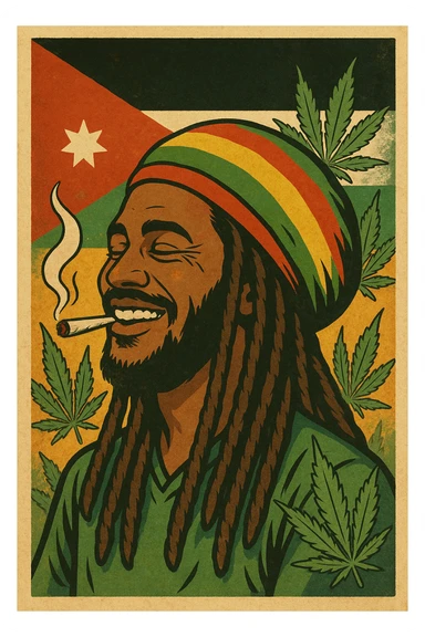 A digital vintage-style poster illustration of a Jordanian Rasta man with dreadlocks, wearing a red, yellow, green striped tam hat. He is smiling peacefully with a lit herbal spliff in his mouth. The background features the official Jordan flag — black, white, green horizontal stripes with a red triangle and a white 7-point star — accurately displayed behind him. Cannabis leaves are tastefully arranged around the composition, and the poster includes Rasta color textures blended with the Jordanian palette. Use a retro poster style with warm, slightly aged textures, bold outlines, and soft shading to evoke a soulful reggae vibe that honors both Jordanian pride and Rasta spirit. The mood is chill, powerful, and respectful sticker