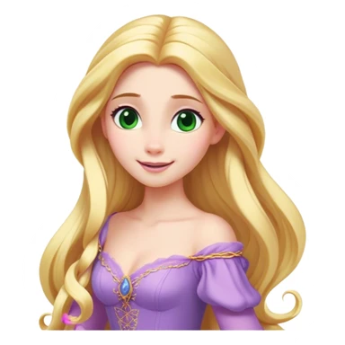 Cinematic Realistic Rapunzel Portrait, with porcelain-like skin featuring a subtle, natural glow, illuminated by soft lighting that brings out the gentle contours of her face. Her long, golden blonde hair cascades in detailed waves, each strand highlighted with a radiant shimmer as it catches the light. Her bright, expressive green eyes exude curiosity and warmth, framed by delicate lashes and soft, arched brows. Her expression is playful and vibrant, with a gentle smile. She is dressed in her classic lavender and pink gown, the fabric textured with delicate folds that flow naturally, catching the light with a soft, radiant glow. The portrait captures a luminous, enchanting aura, seamlessly blending realism with a whimsical, fairytale charm, evoking a timeless sense of beauty and magic. sticker