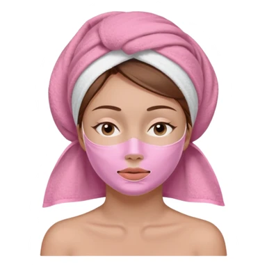 A woman with brown hair partially visible beneath a white towel wrapped around her head. Her face is covered with a pink skincare mask applied to the T-zone and cheeks. She has a calm, content expression with her eyes closed sticker